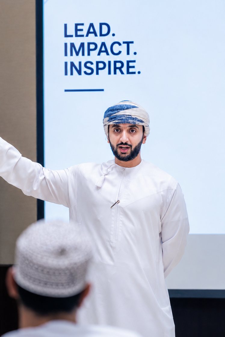 Saif Al Manji leading a workshop in front of a slide that reads Lead, Impact, Inspire
